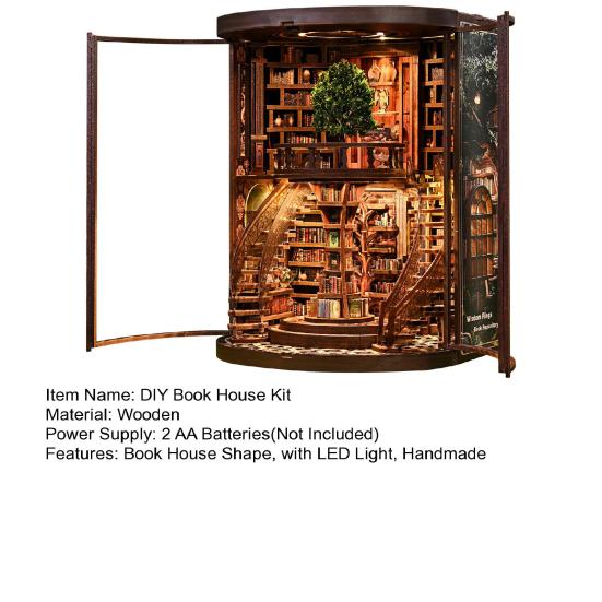 DIY Book House Kit with LED Light Handmade Vintage 3D Wooden Puzzle Bookstore Miniature Dollhouse Bookshelf Decoration Book Lover Gift