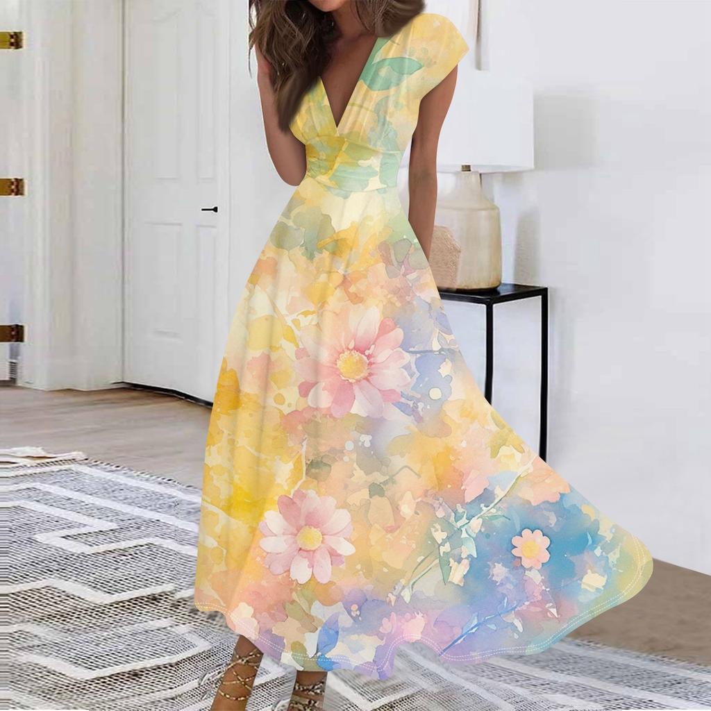 Women's Long Casual Dress Summer Short-Sleeve V-Neck Waist Retraction Printed Dress