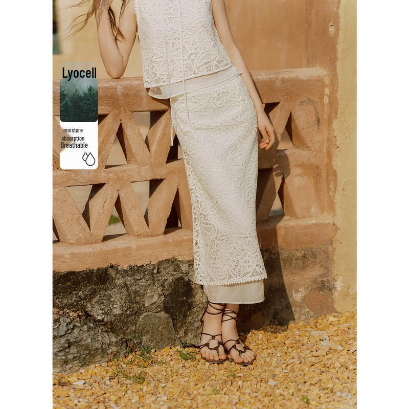 ELLE Spliced Rope Embroidered Slit Midi Skirt S