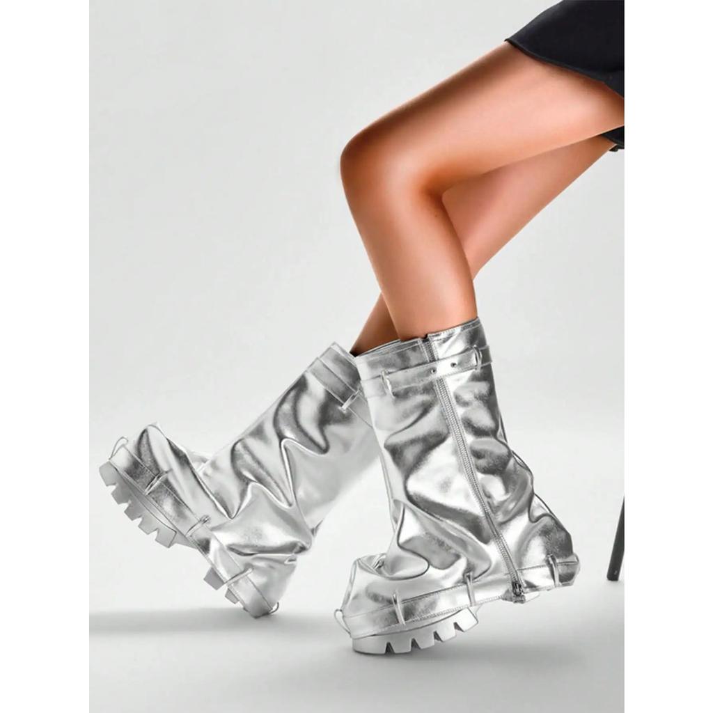 Metallic Fashion Women Fold Over Boots Chunky High Heels Mid Calf Platform Punk Gothic Fashion Motorcycle Shoes Woman