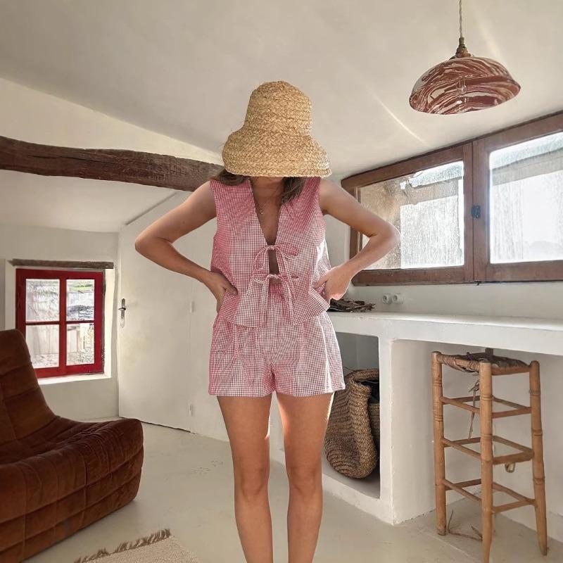 Women's New Summer Plaid Tie Cardigan Vest Shorts Fashion Casual Suit
