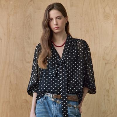 Dot Pattern Ribbon Tie Chiffon Blouse Ze06qb004nh
