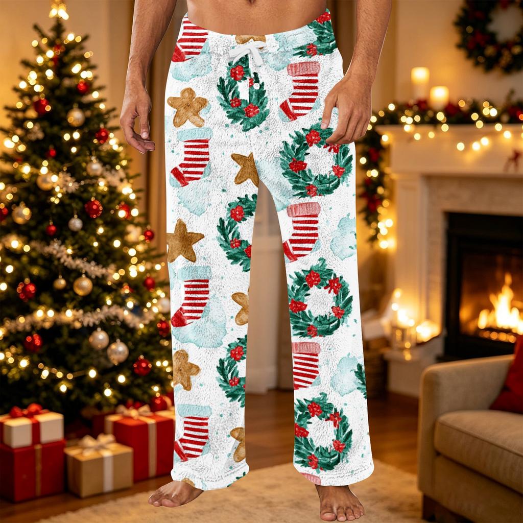 Men's Casual Christmas Print Plush Pajama Pants Sleepwear for Holiday