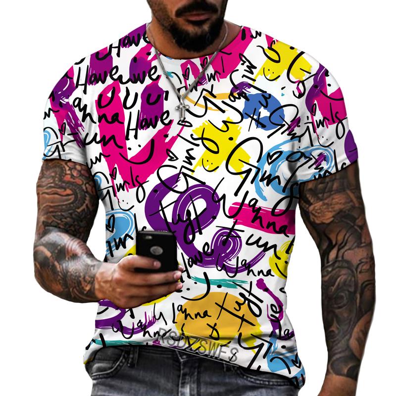 Men's Urban Streetwear Graffiti T-Shirt, Black White Gold Letter Print O-Neck Short Sleeve Casual Daily Tops