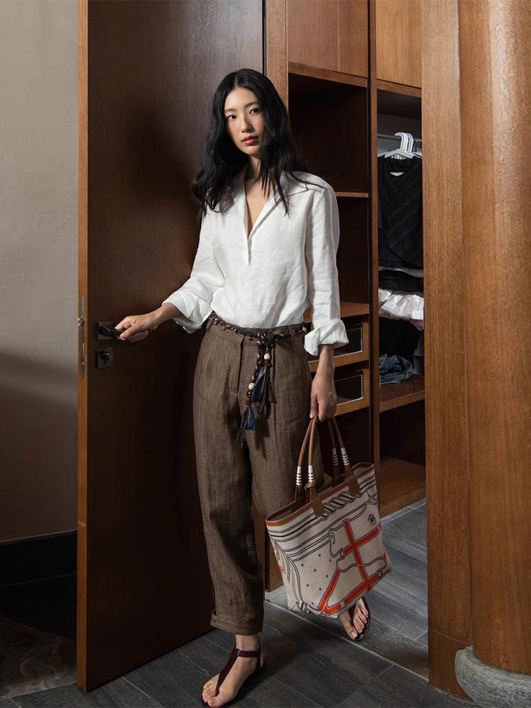 Si Yuan Design V-Neck Button-Down Linen Shirt - Women's Loose Relaxed Fit, New Style 2026.