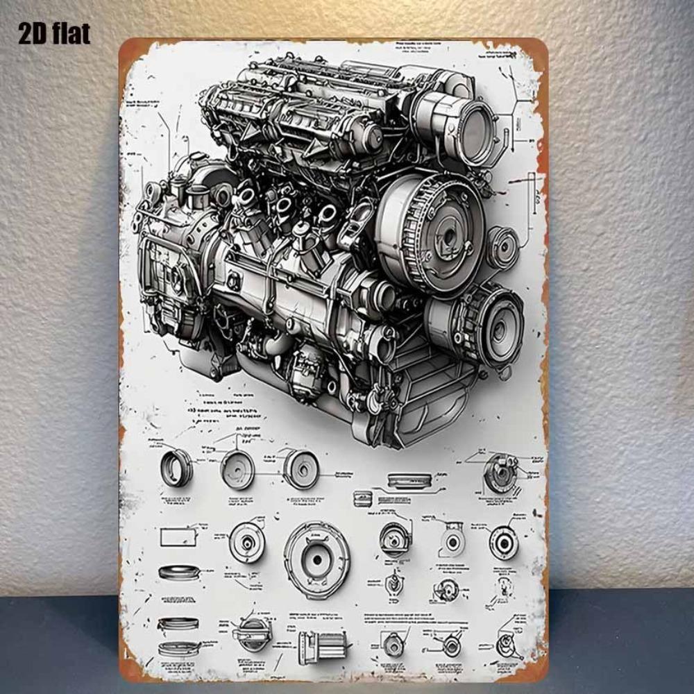 Vintage Car Engine Diagram Metal Sign Wall Art Decor
