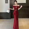 [With Chest Pads] Beautiful One-word Shoulder Dress Female Summer Socialite High-end Sexy Birthday Dress Waist Dress