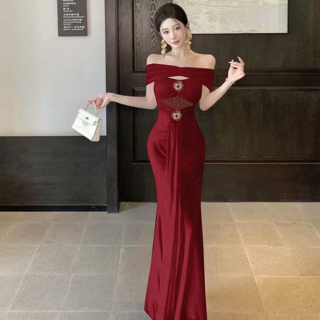 [With Chest Pads] Beautiful One-word Shoulder Dress Female Summer Socialite High-end Sexy Birthday Dress Waist Dress