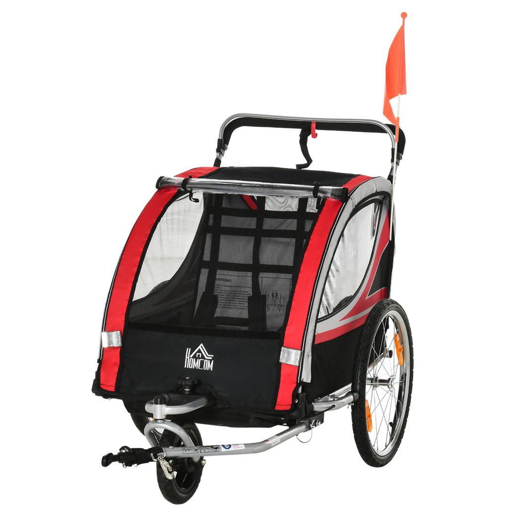 Carrellino Bici per Bambini, 2-in-1, Funzione Jogging, Telo Resistente alle Intemperie, Telaio in Acciaio, Rosso+Nero, 142 x 75 x 101cm