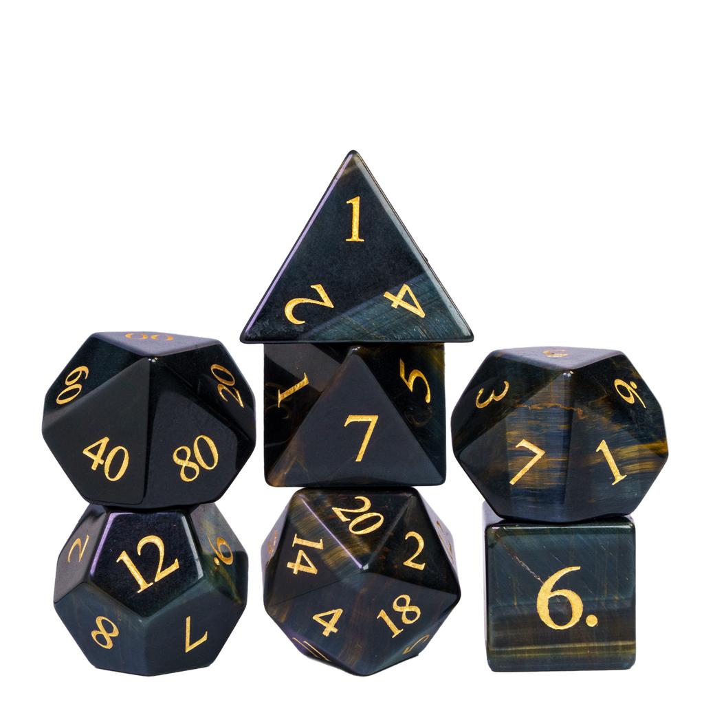 Cusdie Cat's Eye Stone DND Dice Handmade D4-D20 Polyhedral Gemstone Dice Set with Leather Box for Tabletop RPG Collection