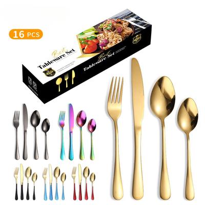 Western-Food-Geschirrset aus Edelstahl, Steakmesser, Gabel und Löffel, 16-teiliges Geschenkset mit Messer, Gabel und Löffel