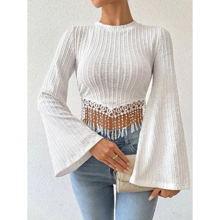 New Women'S Artistic And Elegant T-Shirt With Autumn And Winter Tassel Design And Flared Sleeves Short Top