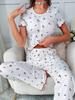 European & American Style Women's Pajama Set: Cherry Wood Ear Edge Short Sleeve, Long Pants