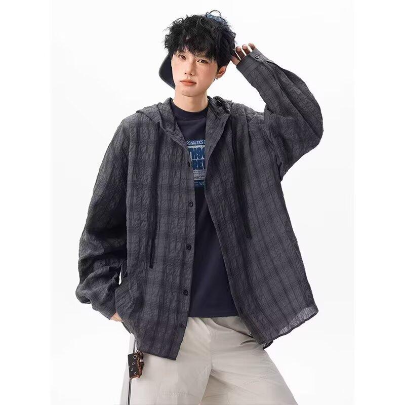 American Style Plaid Sun Protection Hooded Shirt for Men and Women 2025 Summer Lazy Style Sun Protection Shirt Couple Long Sleeve Thin Jacket