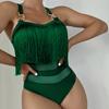 Women Sexy Monokini Sling Sleeveless Tassel Decor Swimsuit Mesh Splicing Backless Design One-piece Bikini