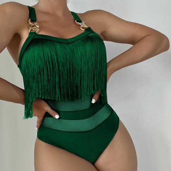 Women Sexy Monokini Sling Sleeveless Tassel Decor Swimsuit Mesh Splicing Backless Design One-piece Bikini