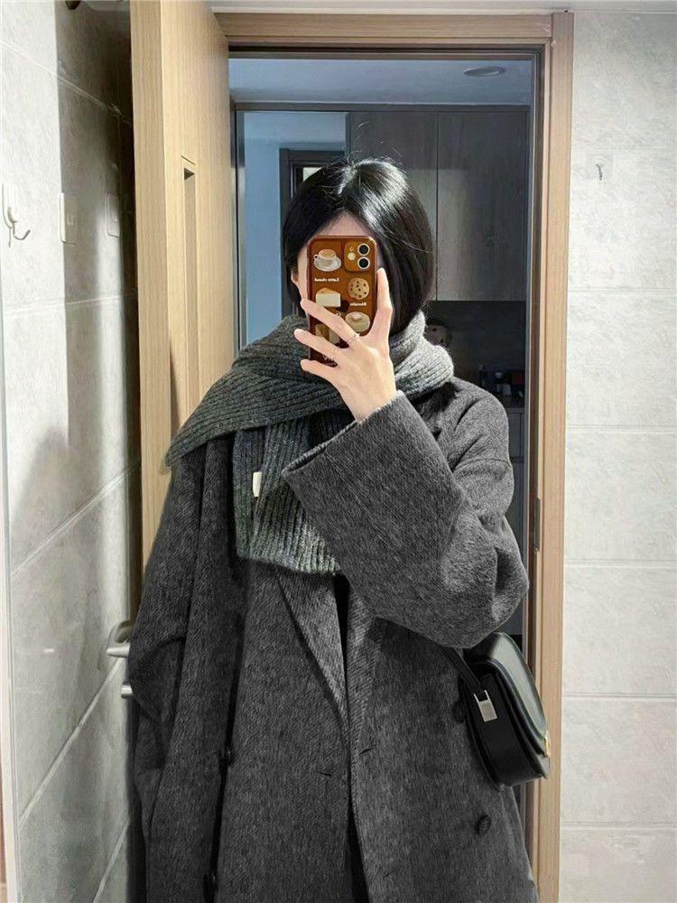 Petite Women's Korean-Style Fleece-Lined Gray Wool Coat for Fall/Winter