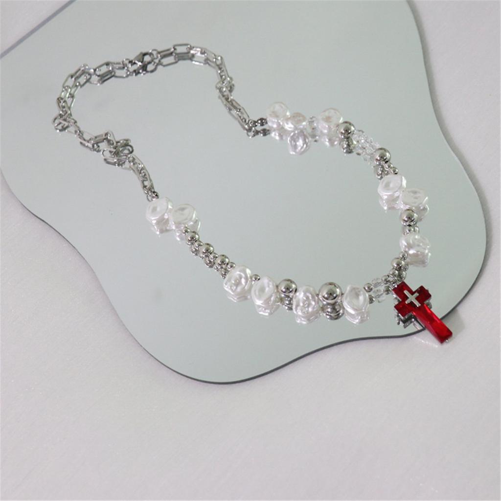 Tooxika Sweet Cool Hottie Pearl Cross Necklace Men's And Women's Hip Hop Personalised Dark Collarbone Chain