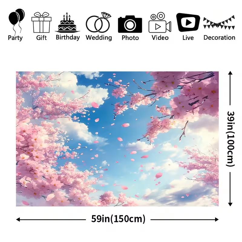 2D Pastel Cherry Blossom Tapestry Aesthetic Spring Sky Wall Art with Falling Sakura Petals