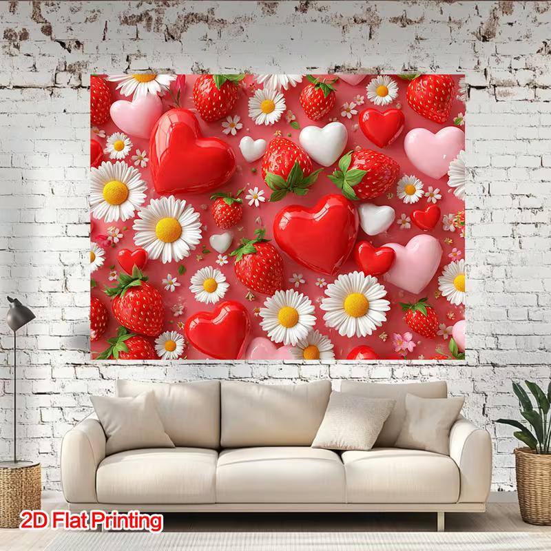 Romantic Strawberry, Heart and Daisy Backdrop Pink Themed Background Cloth for Birthday and Party