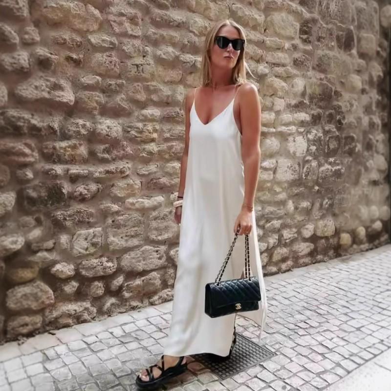 Womens Sleeveless Backless Layered Cami Dress A-Line Long Skirt Pure Color U-Neck Midi To Maxi