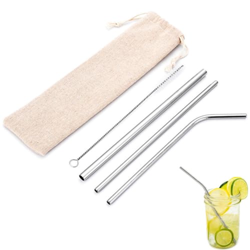 Phyxiul Stainless Steel Straws, Set of 3, Eco-Friendly Reusable Metal Straws with Cleaning Brush and Storage Bag