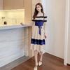 Koreańska moda Elegancki sweter z dzianiny Casual Dress Długi rękaw Lace-Up High End Stretch Knit Vintage Stripe Sukienki
