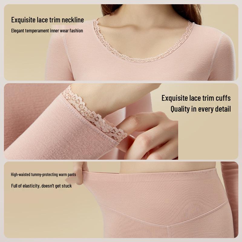German Velvet Warm Lace Round Neck Underwear Set: Fleece-Lined, Heat-Generating for Men & Women