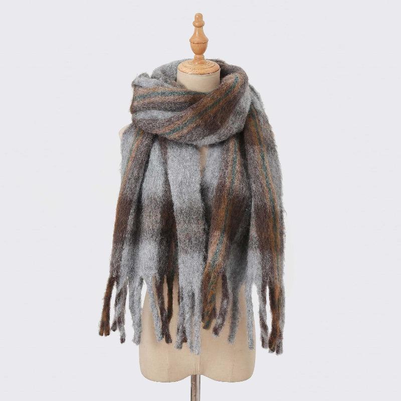 Autumn and Winter Wool Plaid Scarf Women's High-end Imitation Cashmere Versatile Simple Warm Thickened Fringed Scarf