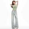 Women's Light Blue Retro Washed Denim Jeans, 2026 Spring/Summer, Loose Wide-Leg, Slimming Straight Pants