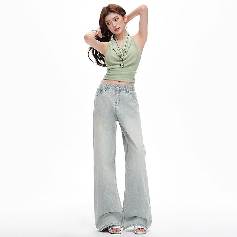 Women s Light Blue Retro Washed Denim Jeans, 2026 Spring/Summer, Loose Wide-Leg, Slimming Straight Pants M