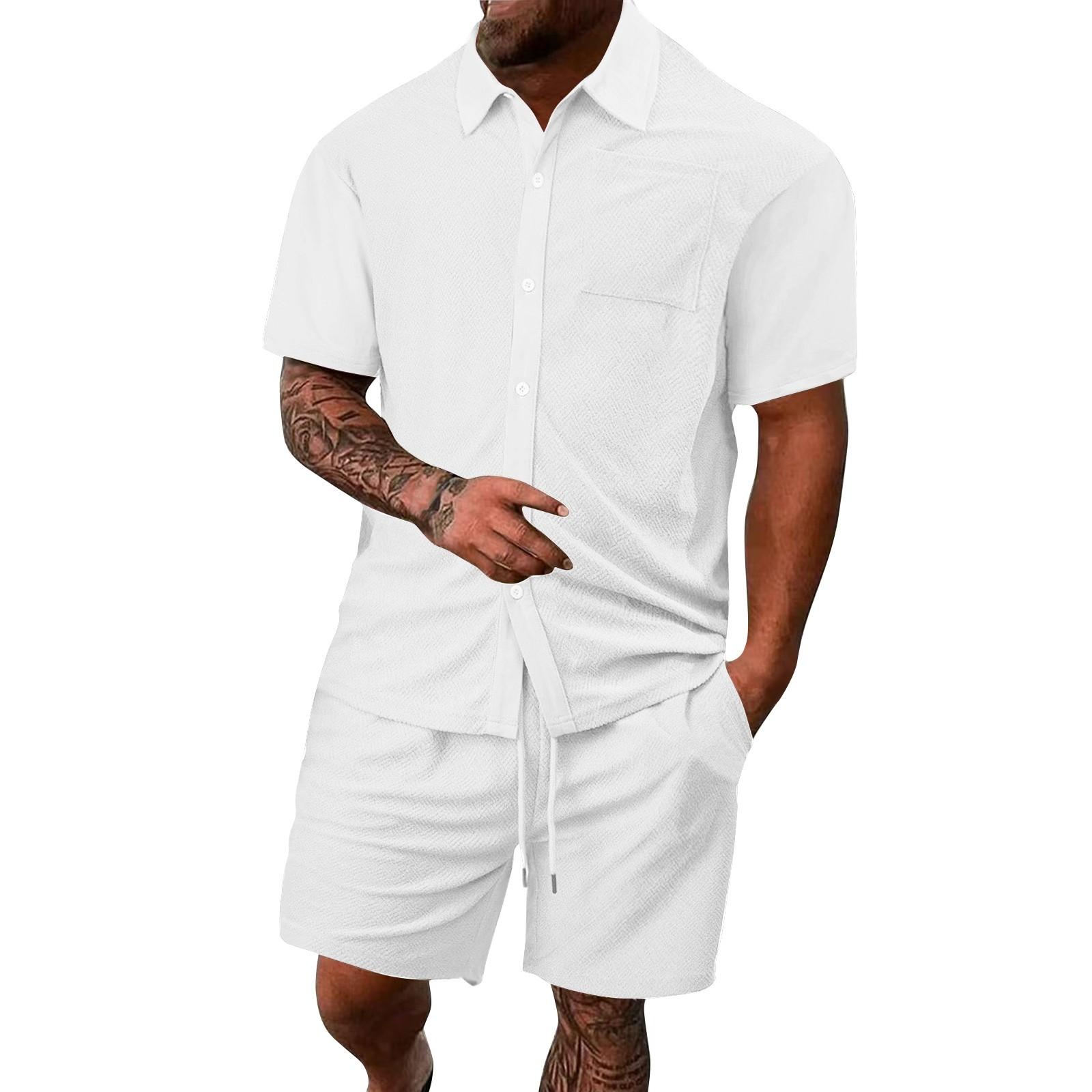 

Мужская летняя однотонная рубашка с коротким рукавом, карманом, пуговицами, лацканами и шортами XL белый