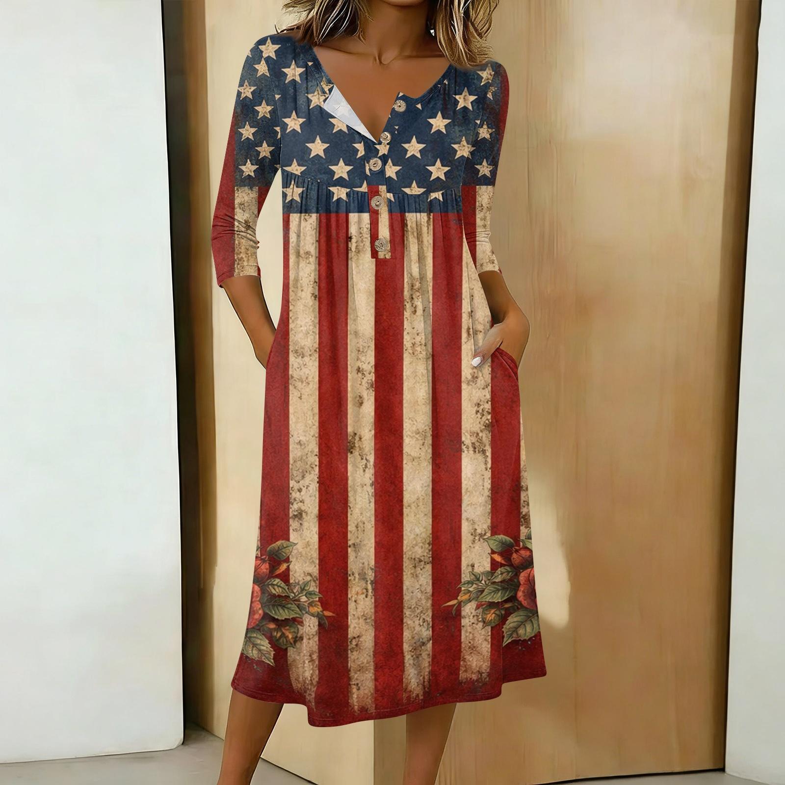 

Women s Casual 3/4 Sleeve Button-down Mid-length Dress XL