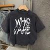 Washed Black Retro Distressed Short-Sleeve T-Shirt for Kids, Pure Cotton, Stylish for Boys and Girls
