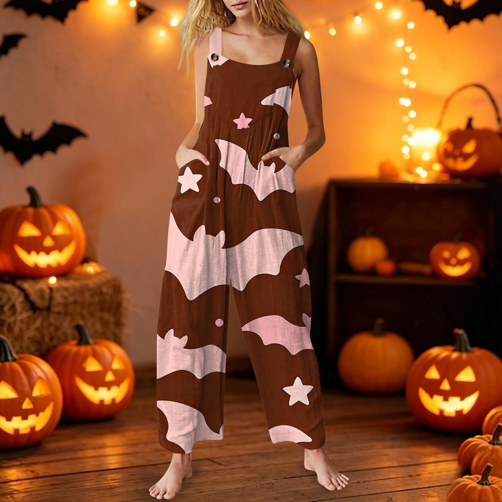 Womens Sleeveless Jumpsuit Cotton Casual Loose Fit Halloween Printed Romper Wide Leg Overalls