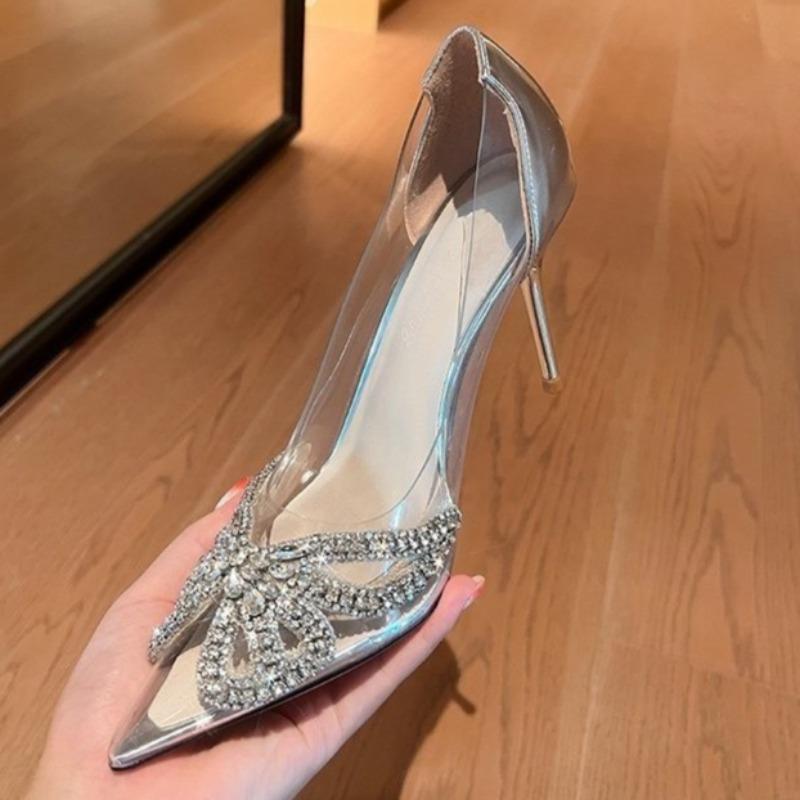Fashion Spring New Thin Heel Shoes Fashion Pointy Head Shallow Mouth Rhinodrill Butterfly Knot Transparent Belt A Slip-on High Heels