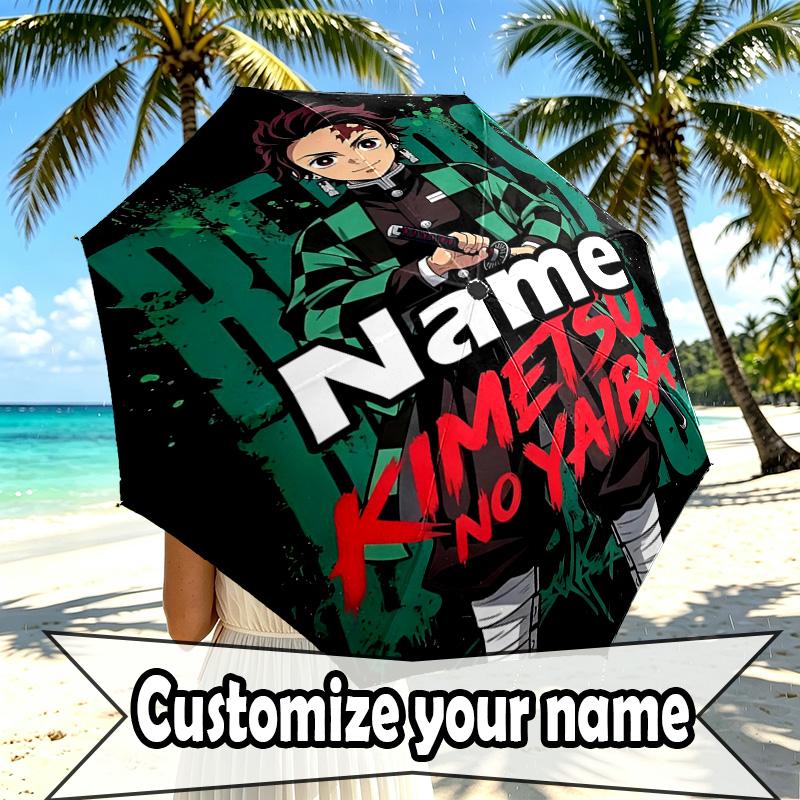 Custom Name Personalized Demon Slayer Print Umbrella, Auto Open Close, 8‑Rib Sturdy Frame, Commute Camping Hiking Use, Birthday Gift