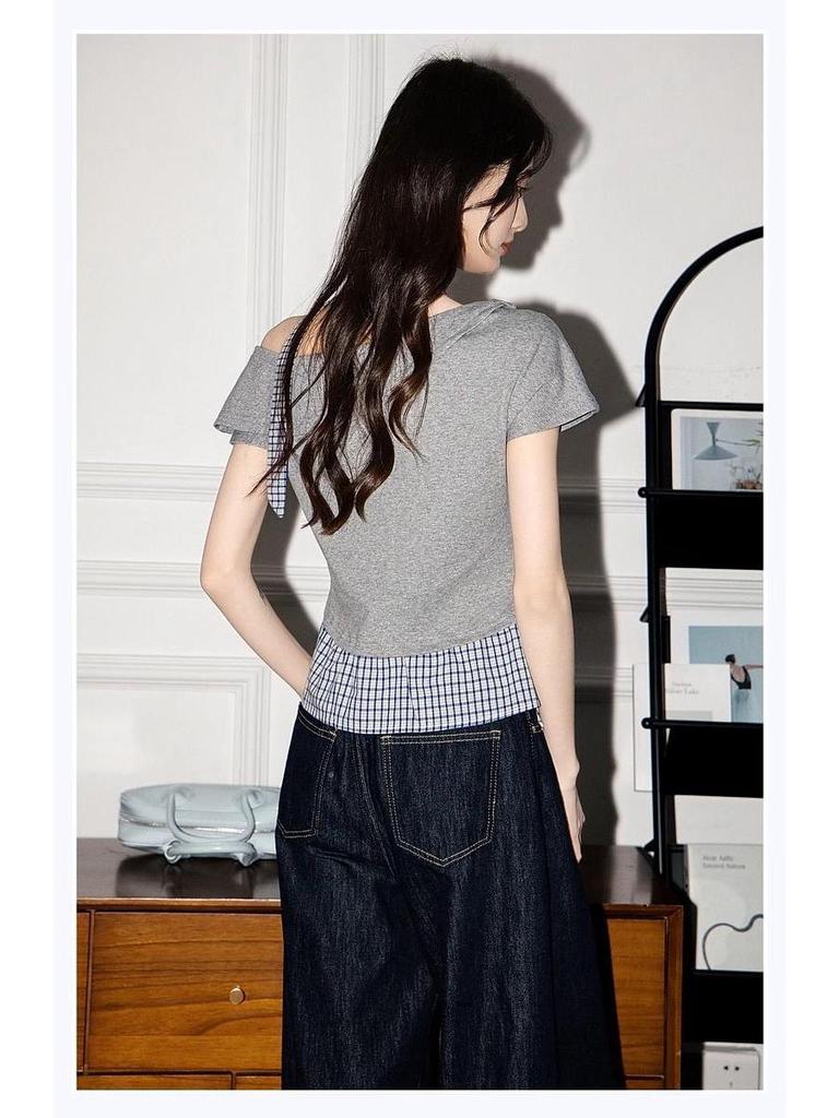 Damen 2025 Sommer Kariertes Patchwork Off-Shoulder T-Shirt mit unregelmäßigem Ausschnitt und kurzen Ärmeln