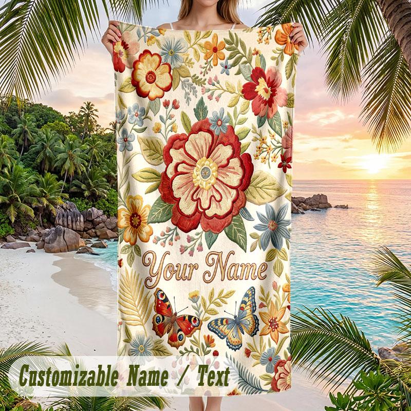 Floral Butterfly Garden 1 Theme Quick Dry Beach Towel Custom Name Text Print Large Sand Resistant Towel Beach Vacation