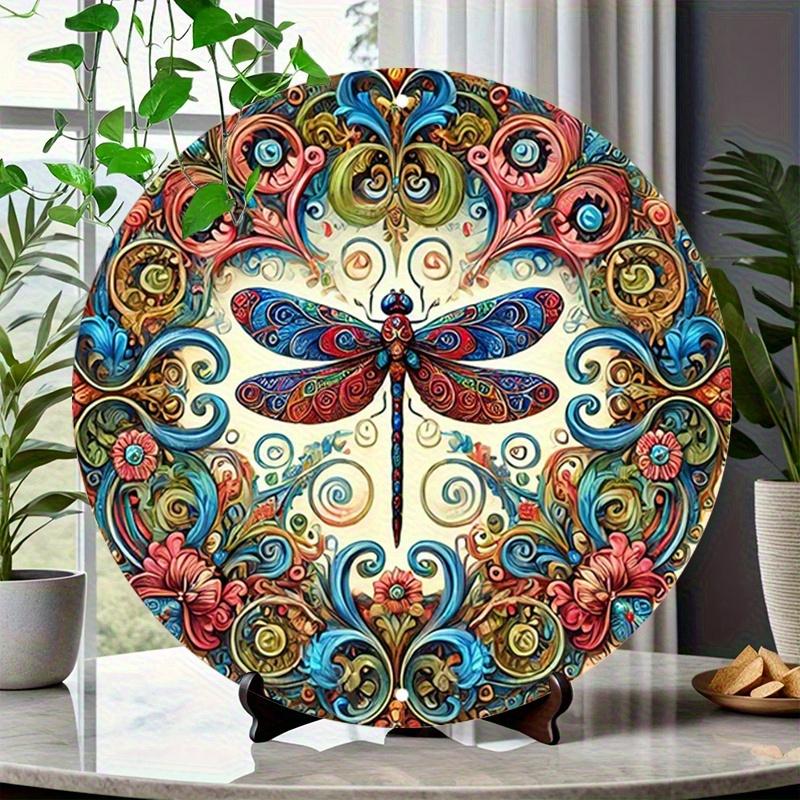 2D flat 20*20cm1pc Vibrant bright-coloured Dragonflies&Heart shape Flowers patterns Round Signage, Colorful Wall Art Decor for Bar Cafe Club Yard Home