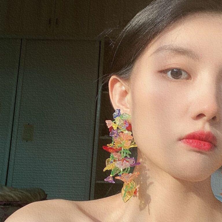 Personalized Design Sense Color Flower Hand-Woven Stud Earrings Women'S Spring And Summer Beaded Flower Leaf Earrings Long Earrings