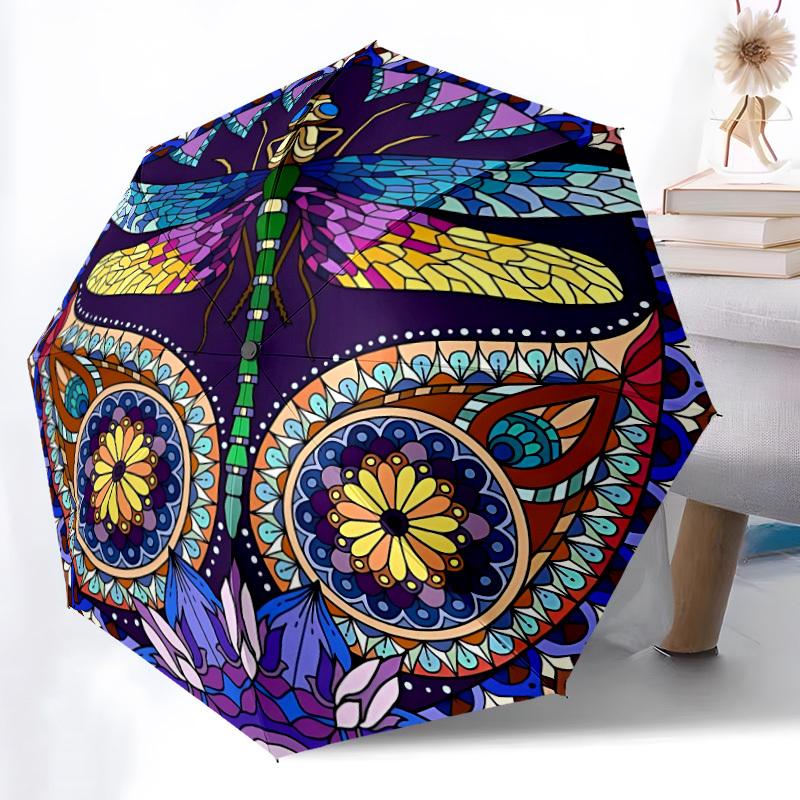 1pc Dragonfly Mandala Artwork Automatic Folding Umbrella - Portable Collapsible Design, 8-Rib Iron Frame yy251209059