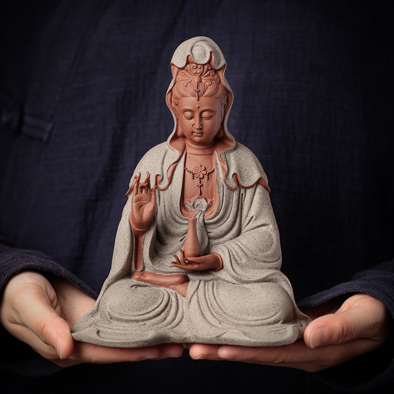 Y New Chinese Zen Guanyin Bodhisattva Buddha Statue Ornament Home Office Tearoom Decoration Crafts Purple Sand Buddhist Decor