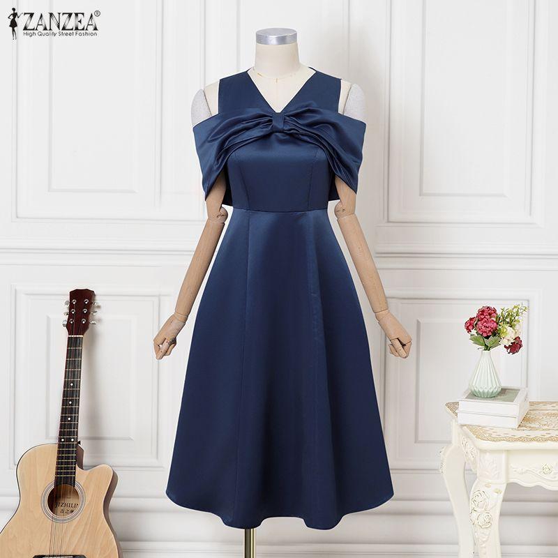 ZANZEA Rochie Elegantă Casual pentru Femei cu Gât în V, Umeri Goali și Mâneci Scurte