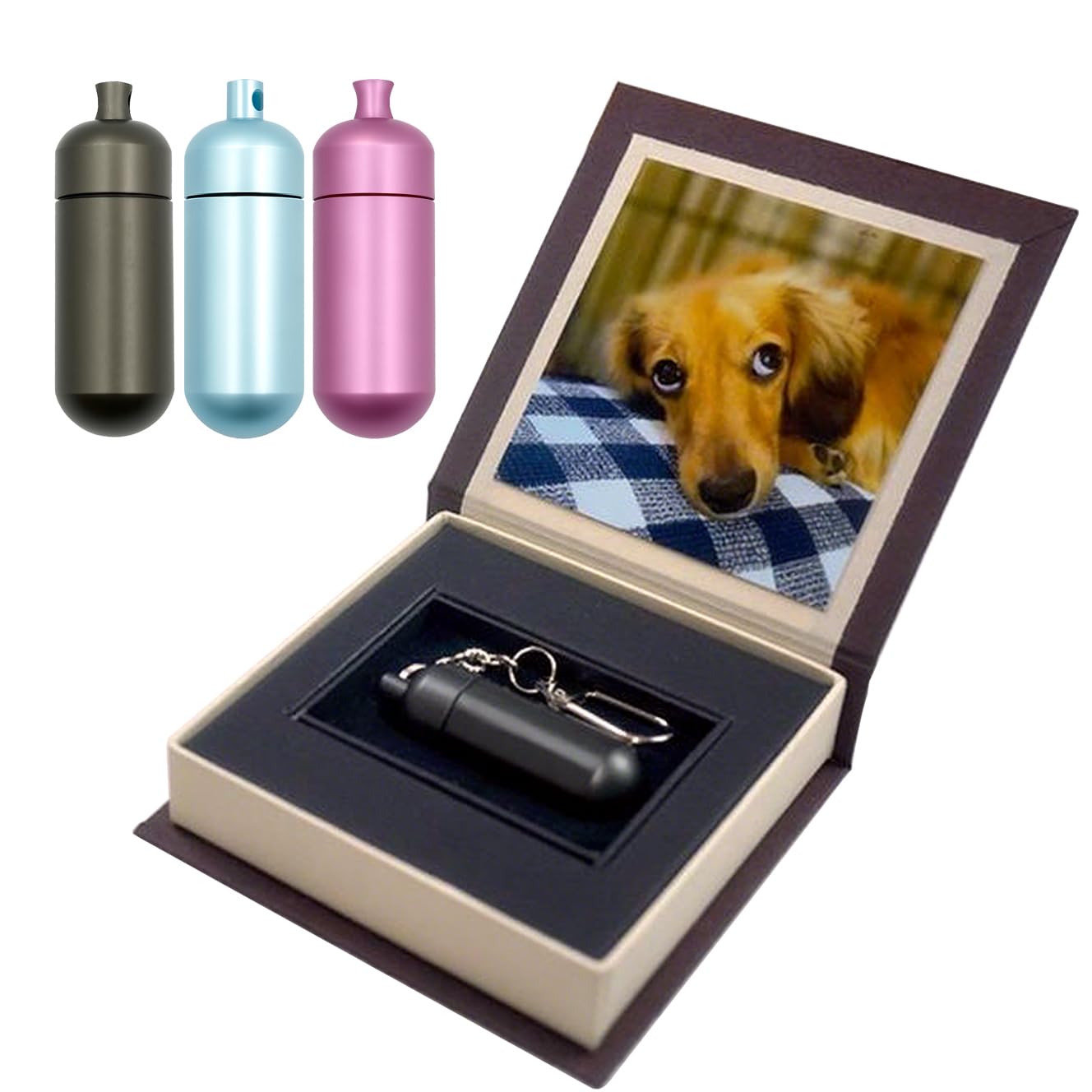 

Double-walled glass tube-encased cremation capsule with photo box and keychain, perfect as a cremation pendant or necklace accessory (Space Gray)