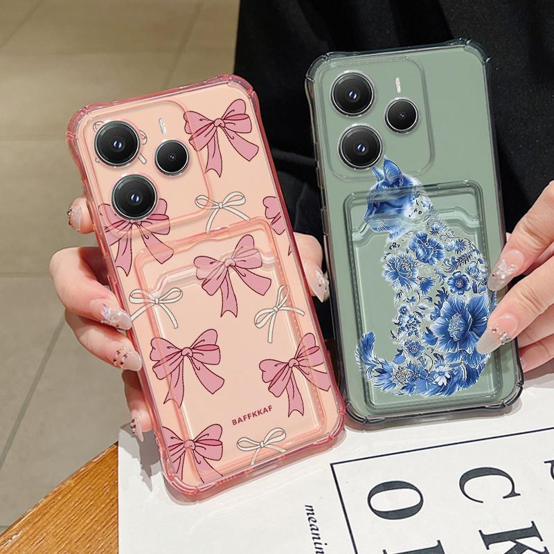 Slot Pocket TPU Case For Redmi Note 13 14 12 11 Pro 5G 4G 11s Poco X6 X5 F6 Pro 13T 14T Pro Case Shockproof Bow Tie Pattern Soft TPU Clear Phone Cover