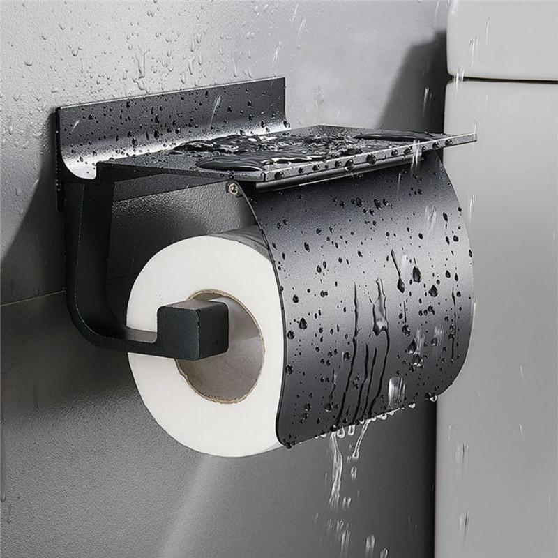 Tuqiu Black Toilet Paper Holder Silver Tissue Paper Holder Aluminium Paper Roll Holder With Phone Storage Shelf