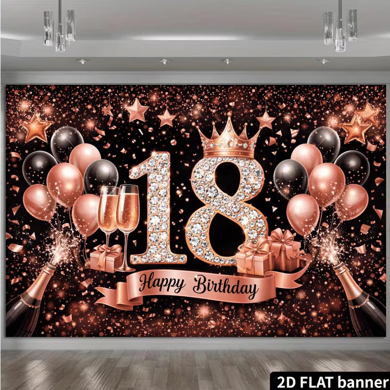 2D 18th Birthday Photography Background, Black Rose Gold Themed Party Backdrop Banner