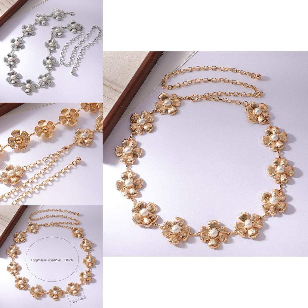 Floral Pearl Metal Waist Chain With Carved Flower Design For Women Spring Summer Fashion