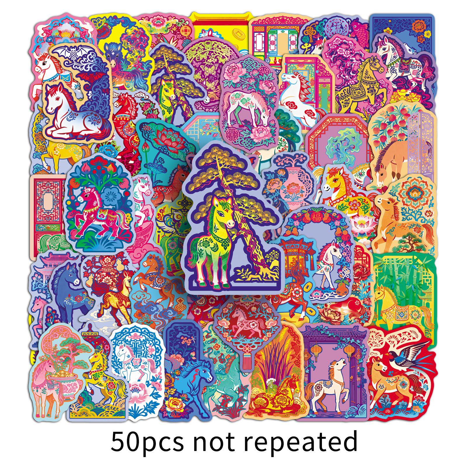 

50 Sheets Year of the Horse Spring Festival Waterproof Stickers: Creative Decorations for Notebooks, Cameras, Walls, and Guitars